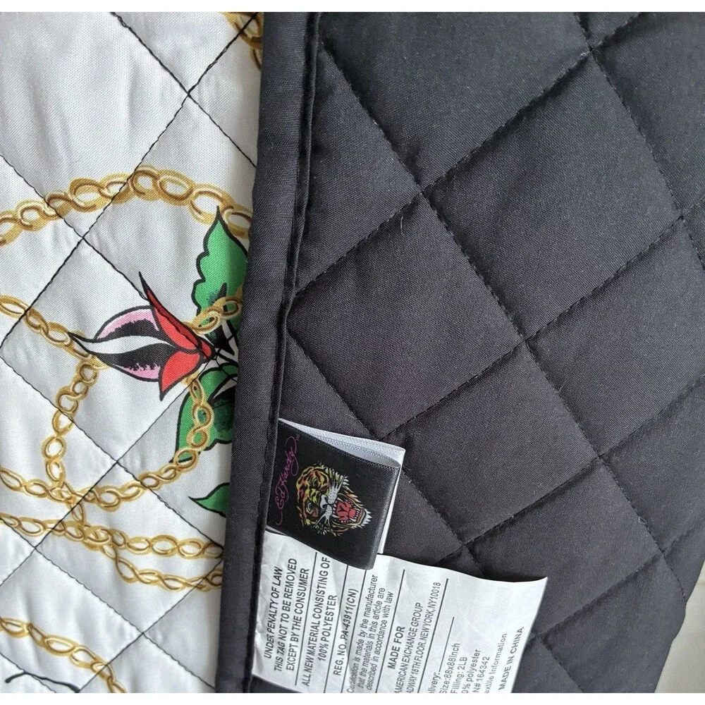 Ed Hardy Queen Quilt Set 3 Piece Queen Bedding Skull Heart Roses New